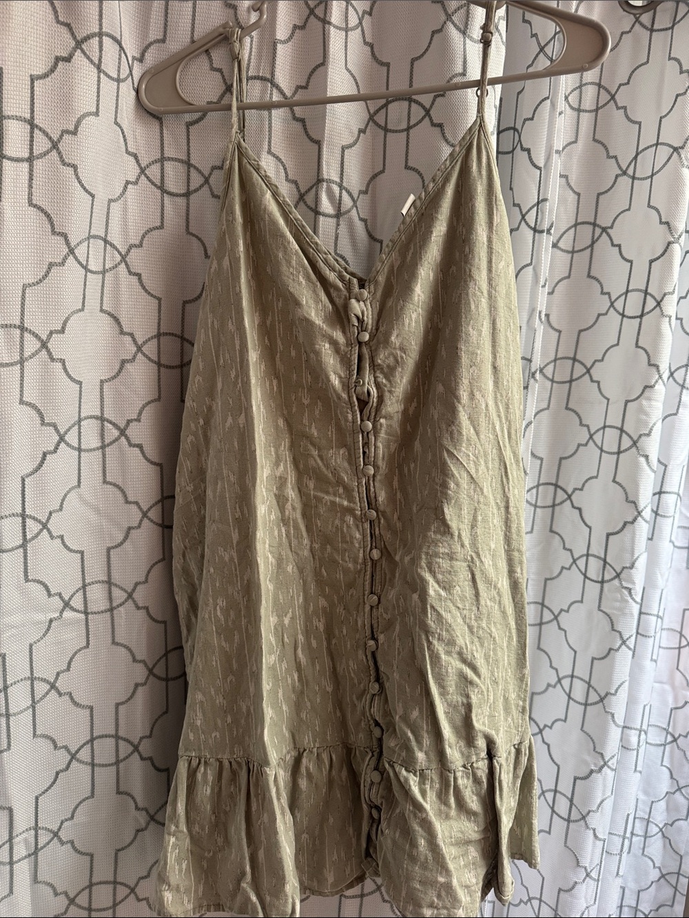 American Eagle (has pockets) Light Olive Button-Front Ruffle Hem Slip Dress